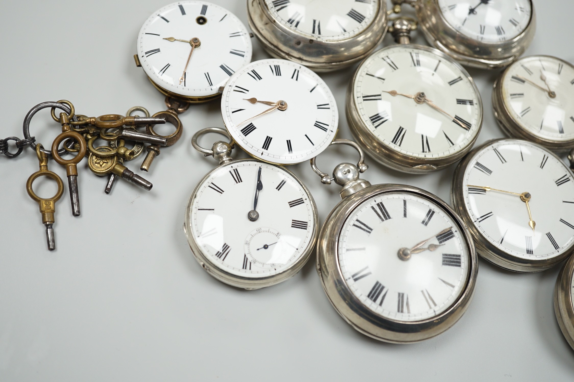 A collection of eight assorted mainly 19th century silver cased pocket watches, all by Lewes makers, including Tanner, Reeves, Tanner & Son, Skinner, Soloman, Davey and Sons, William Tanner and Richard Comber but surname